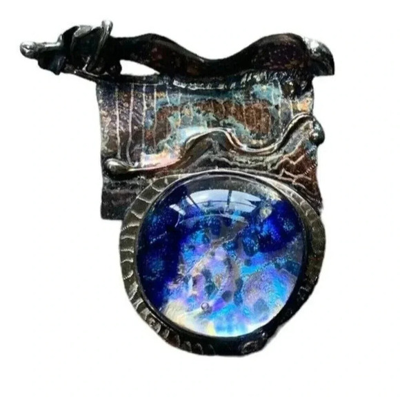 Vintage Handmade Brooch Pin Blue Glass Silver Signed Statement Chunky Unique - Picture 1 of 5